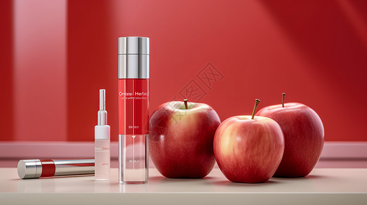 透明护肤品玻璃瓶红色背景美味的苹果与护肤品套装实拍设计图片