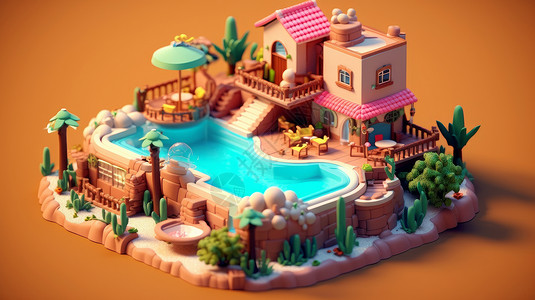 粉红色屋顶带泳池的粘土风卡通小别墅背景图片