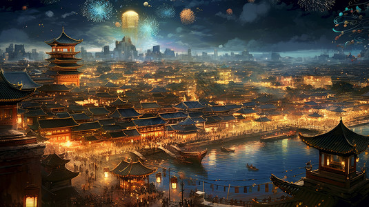城市鸟瞰图夜晚灯火通明的古风城市欢度节日插画