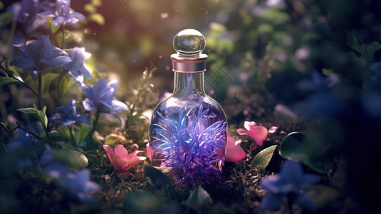 花丛中梦幻玻璃瓶背景图片