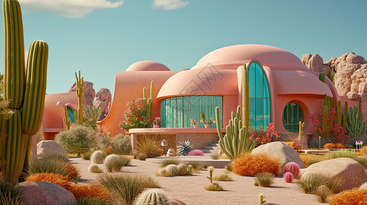 沙漠酒店沙漠里的可爱度假酒店模型插画