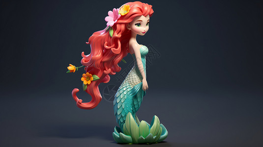 美人鱼雕像漂亮可爱的长发卡通美人鱼公主侧面插画
