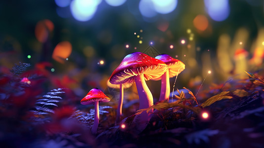 树真菌森林里发光的蘑菇插画