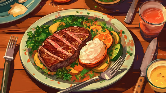 西餐沙拉美味多汁的牛排插图插画