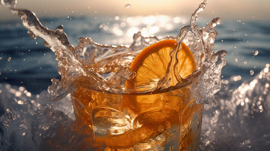 阳光下在水中一杯橙汁水碰撞出水花图片