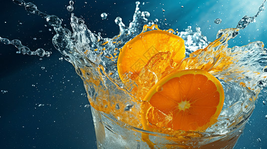 水碰撞玻璃杯装满橙子片水被碰撞出水花插画