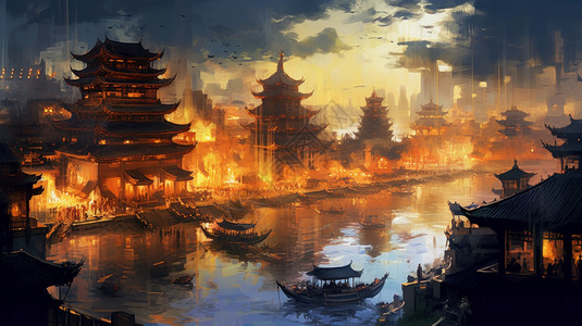 中国城市全景热闹灯火通明的古建筑城市与远处现代城市插画