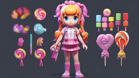 手拿糖果的粉色头发立体卡通女孩IP图片