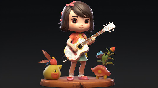 弹小吉他站在树墩上抱着吉他的可爱立体卡通小女孩IP插画