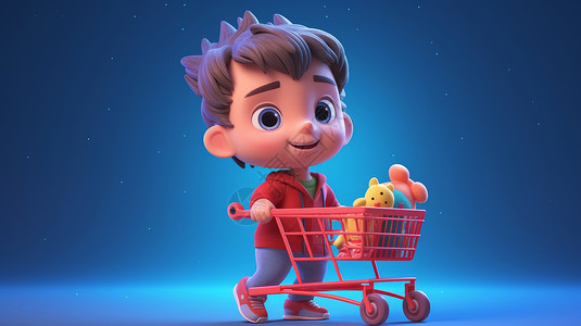 儿童节购物可爱的卡通立体小男孩推着红色购物车插画