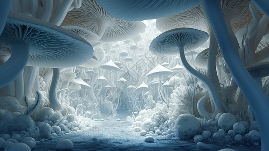 魔幻淡蓝色立体蘑菇森林背景图片