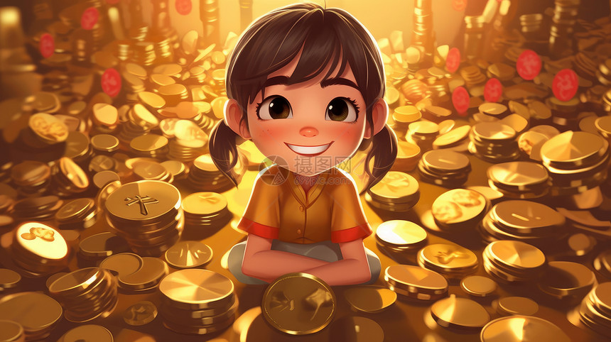 蹲在金币堆中开心笑的可爱卡通女孩图片