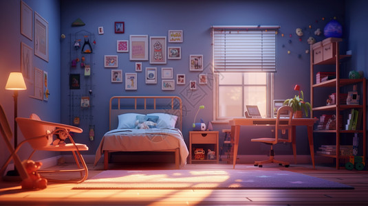 阳光照进窗子的卡通大床温馨卧室背景图片