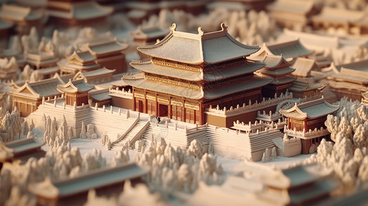 仿移轴中国古风建筑立体模型插画