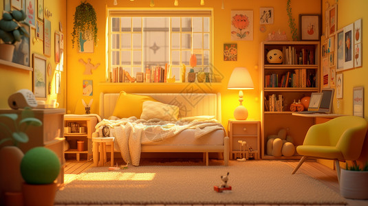 黄色卡通沙发温馨的沙发床开着台灯的卡通卧室插画