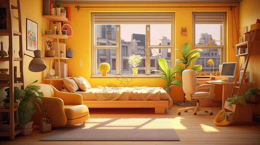 阳光照进窗子的卡通大床卧室背景图片