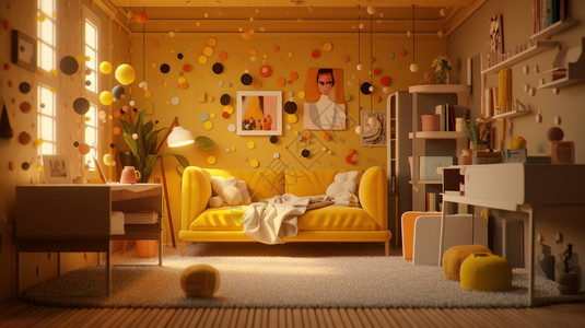 黄色地毯地毯上温馨的黄色沙发与卡通书桌插画