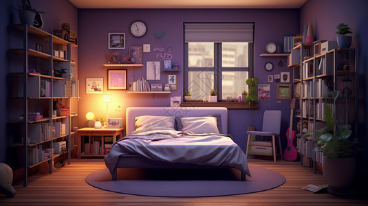 紫色卧室满屋书籍的温馨紫色主题卡通大床插画