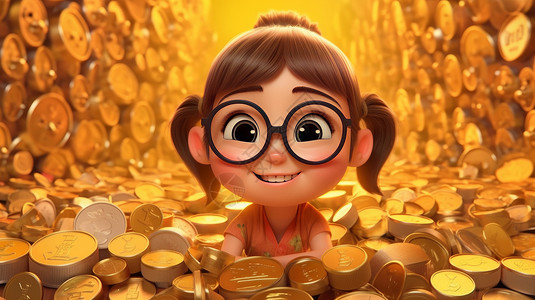 戴眼镜的卡通女孩在满是金币的屋中开心笑图片