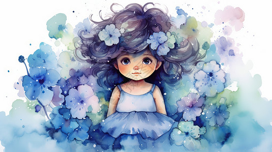 蓝色头发卡通可爱小女孩水彩图片
