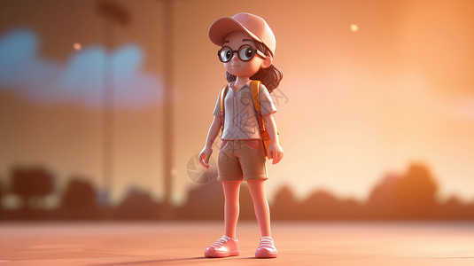 戴着眼镜和帽子的立体卡通女孩站在户外图片