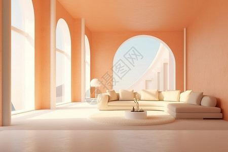 明亮简约室内空间橙色巨大的窗户背景图片