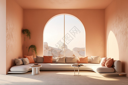 明亮简约室内空间橙色巨大的窗户背景图片
