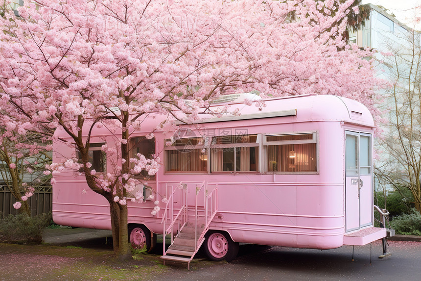 樱花树下粉色的大巴巴士图片