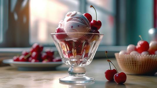 香草味冰淇淋一杯冰淇淋，美味的冰淇淋球插画