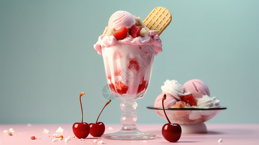 一杯切碎草莓一杯冰淇淋，美味的冰淇淋球插画