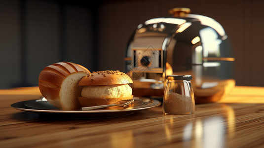 多功能早餐机放在桌子上的面包早餐与早餐机插画
