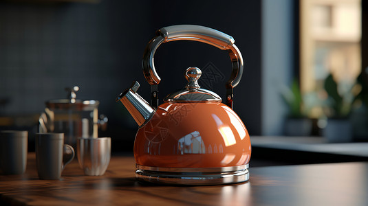 橙色金属质感烧水壶在桌子上图片