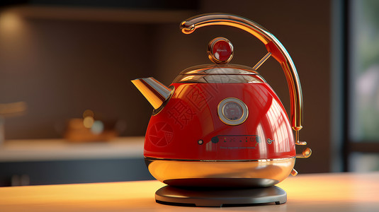 草甸上茶具智能高端红色烧水壶放在桌子上插画
