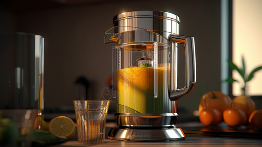榨汁机水果放在厨房桌子上被阳光照射的透明玻璃榨汁机插画