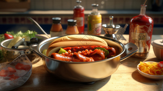 一盆蔬菜桌子上一盆美味的热狗与食物插画