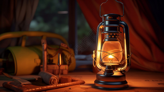老式油灯在帐篷里亮起来的户外露营灯插画