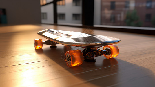 透明地板素材放在地板上的滑板车发光的轮子插画