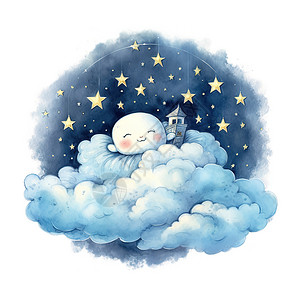 梦在月亮和星星睡在云上可爱梦中插画插画