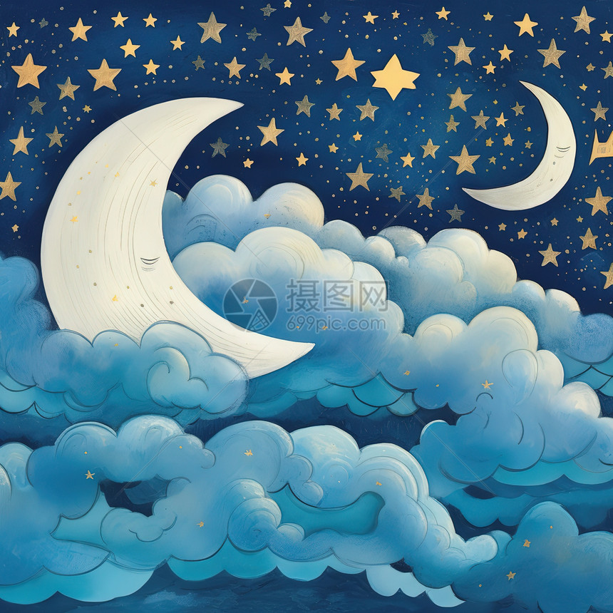 月亮和星星睡在云上可爱梦中插画图片