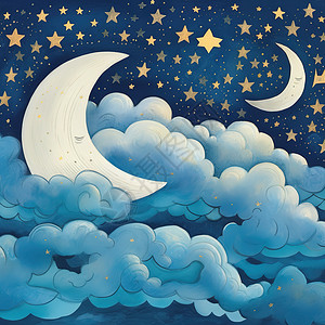 睡在月亮上月亮和星星睡在云上可爱梦中插画插画