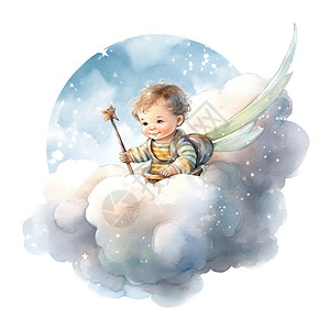 可爱小天使小天使宝宝在云端水彩画插画插画