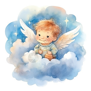 小天使宝宝在云端水彩画插画图片