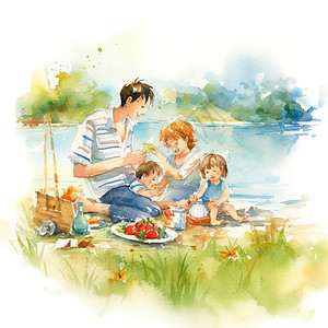 油画家庭素材一家人户外野餐喜悦温馨的家庭聚会插画