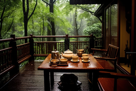 雨中竹林中茶具惬意生活背景图片