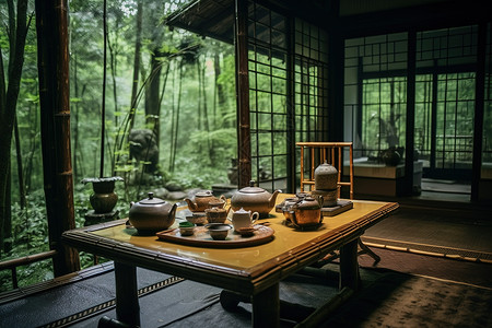 雨中竹林中茶具惬意生活图片