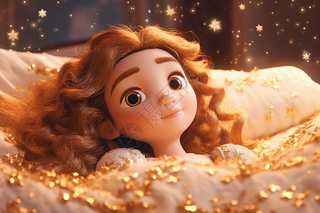 可爱女孩公主躺在床上做白日梦3D插画