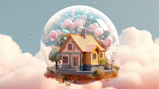 会飞的房子会飞的气泡房子插画