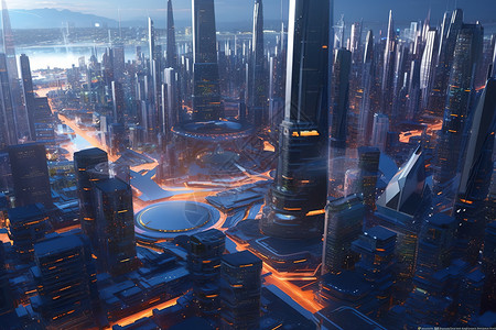 科幻未来主义城市高耸的摩天大楼背景图片