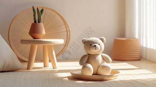 米色房间明亮儿童房间的玩具熊插画