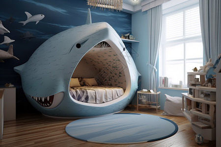 蓝鲨鱼主题儿童房间可爱风格3D图片